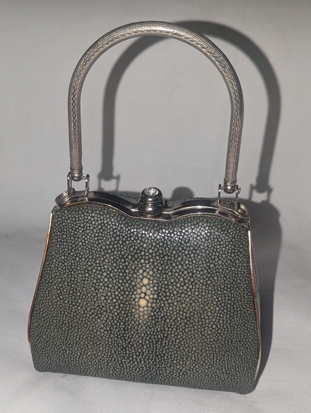 Oceanic Stingray-Textured Shagreen Evening Clutch in Slate Green w Silver Trim